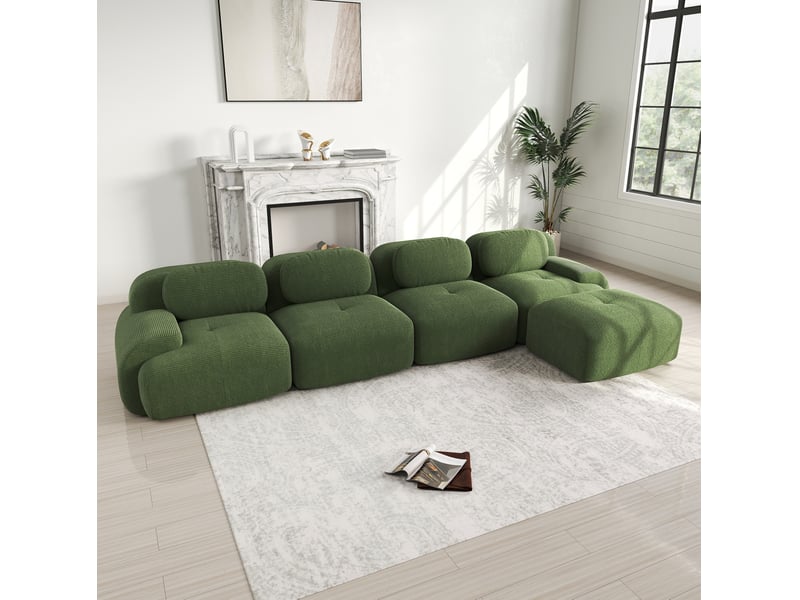  Canapé d'angle modenvie modulable 4 places avec méridienne droite velours côtelé vert 388 x 178 x 70 cm  - Conforama B
