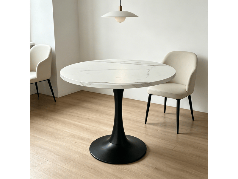 Table à manger ronde 2 à 4 personnes - lpospi - piètement central stable, mdf effet marbre, blanc et noir, ø 80 cm - Conforama B