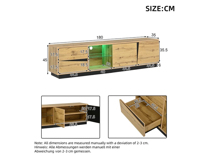  Meuble tv 180x35x45 cm avec led, meuble bas tv avec 2 tiroirs et 2 portes, niche ouverte avec étagère en verre, rangement câble, mdf, noir et bois OPULERANE TRADING LTD - Conforama C