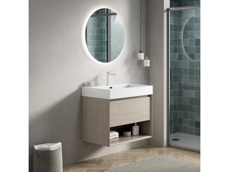 Meuble sous vasque suspendu avec 1 tiroir et 1 étagère ouverte, vasque en résine, salle de bain, 70×46×60 cm - Conforama B