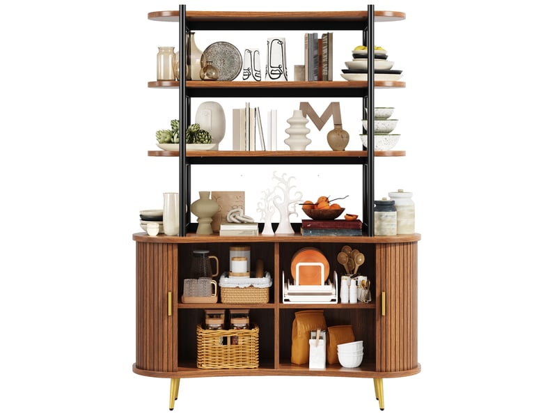 Buffet haut 120x40x183 cm avec portes coulissantes et étagère ouverte, bois foncé - Conforama A