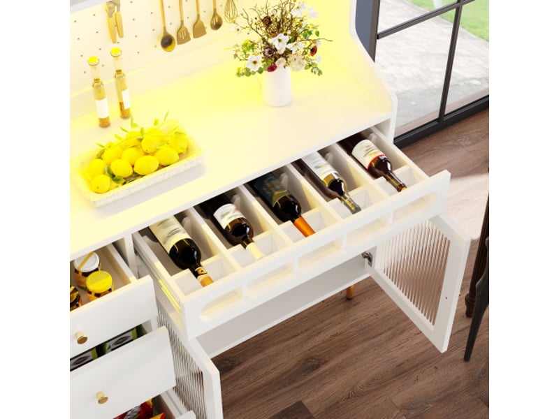 Armoire haute blanche 145×39×171 cm - séjour et salle à manger, led, étagères réglables, porte-bouteilles et tiroir - Conforama D