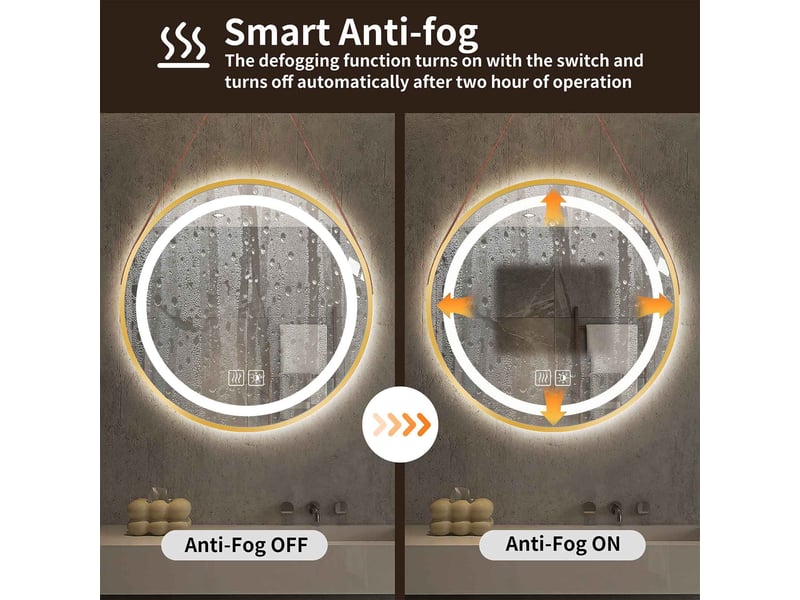 Miroir de salle de bain led 60 cm rond bordure dorée avec sangle anneau lumineux intégré verre sécurit tactile anti-buée  - Conforama D