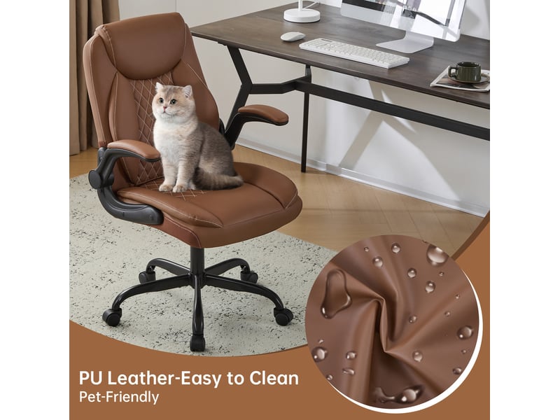 Fauteuil de bureau ergonomique marron en similicuir avec accoudoirs relevables - Conforama D