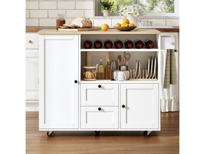 Îlot de cuisine sur roulettes avec plateau pliant, chariot de cuisine blanc et bois, 104x69x89 cm - Conforama D