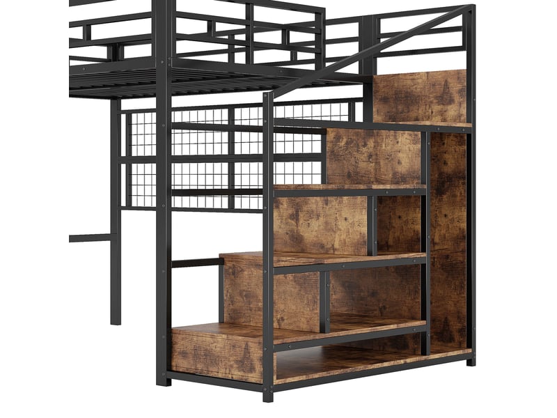  Lit mezzanine 140x200 cm, armoire-échelle, espace dessous libre, led 7 couleurs, métal noir, sans matelas  - Conforama R
