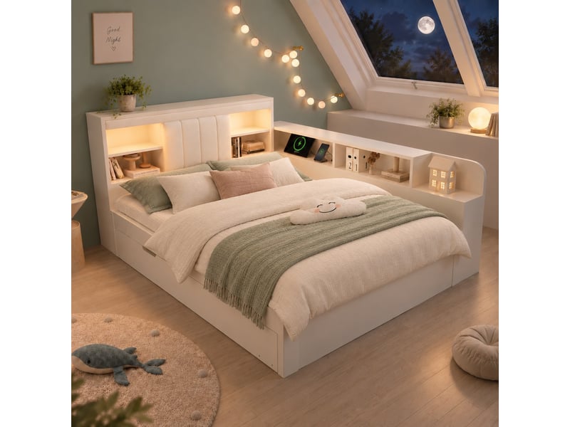  Lit gigogne 140x200 cm, couchage gigogne, tête de lit avec rangement, liseuse, usb et usb-c, sommier à lattes pour chambre - blanc  - Conforama D