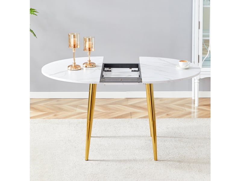  Table à manger ronde extensible, table gain de place, 107-137 cm, design moderne, mdf et métal, blanc, bords arrondis  - Conforama E