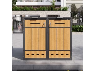 Abri poubelle double avec 2 compartiments, couvercle rabattable et portes avant - en acier gris effet bois