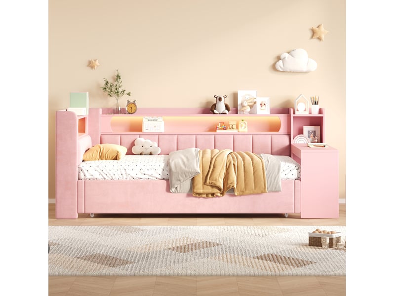  Lit gigogne 90x200 cm led et usb avec bureau en mdf et contreplaqué rose  - Conforama B