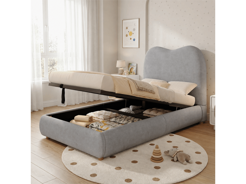  Lit rembourré pour enfant 90 x 200 cm, rangement hydraulique, avec sommier, tête de lit, tête de lit rembourrée, lin, gris  - Conforama D