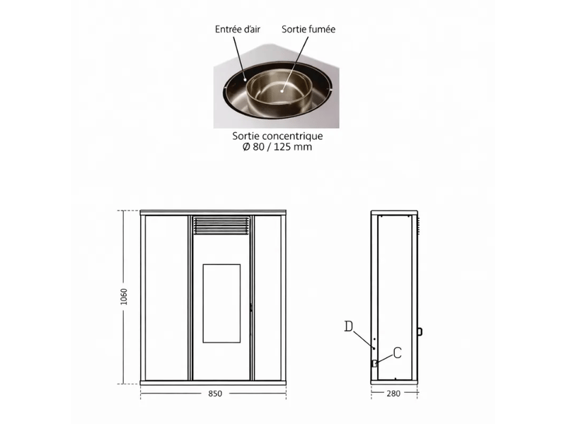  Pack poêle à granules tessa 10 kw etanche concentrique sur le dessus + kit conduit vertical 80125 - noir  - Conforama E
