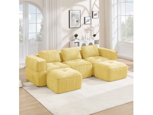 Canapé modulaire u 3 places 271x162x67 cm, mousse 32d, assise profonde, avec 2 poufs, polyester, jaune