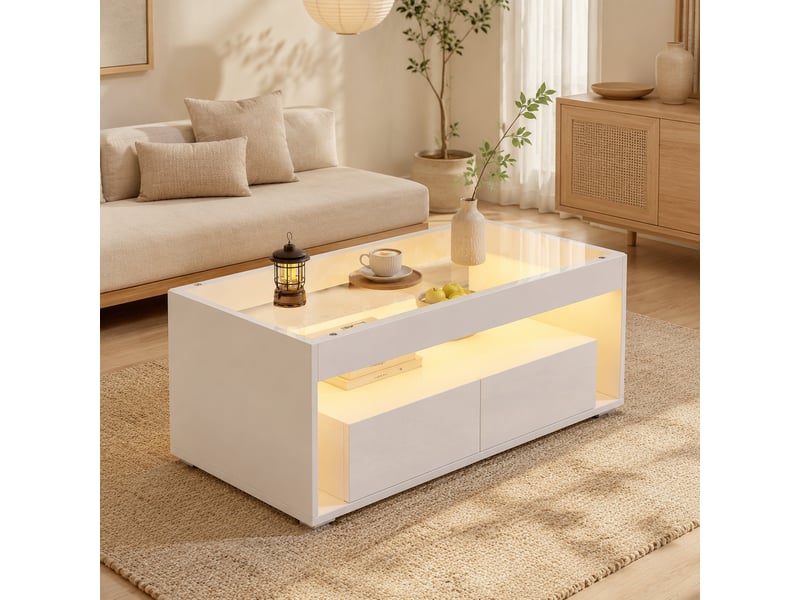 Table basse avec 2 tiroirs, niches ouvertes et led pour salon 100×50×40 cm en panneaux de particules blanc - Conforama C