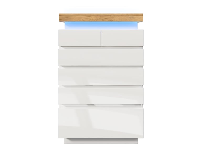  Commode finition brillante à 6 tiroirs, éclairage led, meuble polyvalent pour salon et chambre, 115 x 73 x 39 cm, blanc  - Conforama A