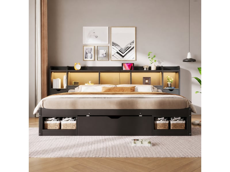  Lit 2 places, cadre de lit 180 x 200 cm avec rangement, led et port usb, noir  - Conforama C
