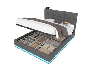 Lit 140x200cm, lit coffre, lit 2 places, tête de lit réglable, led, usb, sommier, sans matelas, velours, gris