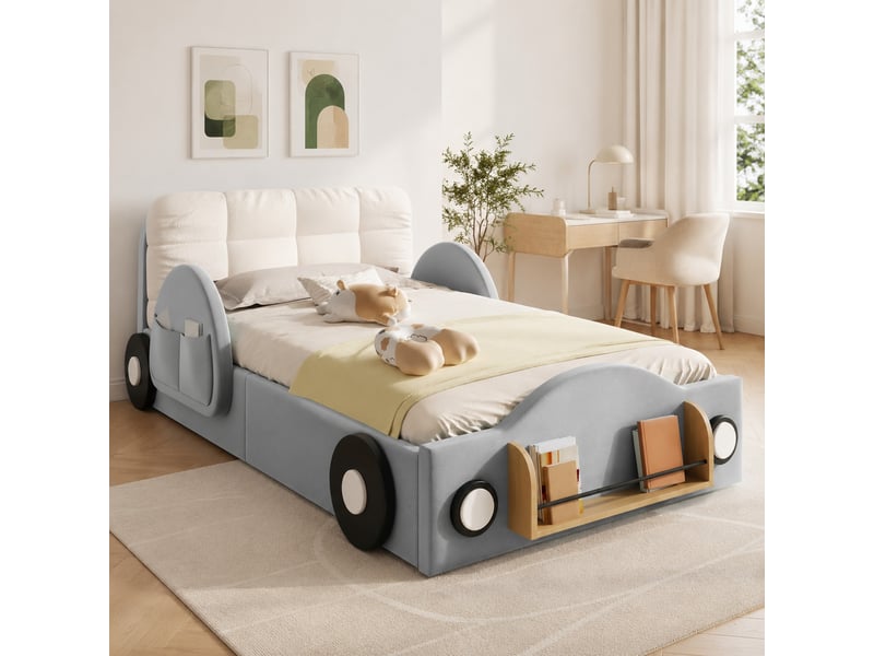  Lit coffre modenvie 90 x 200 cm en flanelle gris avec rangements latéraux, étagère à livres et coussin de tête  - Conforama D