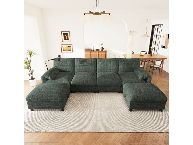 Canapé d'angle modulable 6 places, tissu chenille vert avec 2 poufs de rangement, ports usb type-c et support mobile pour grand salon - Conforama E