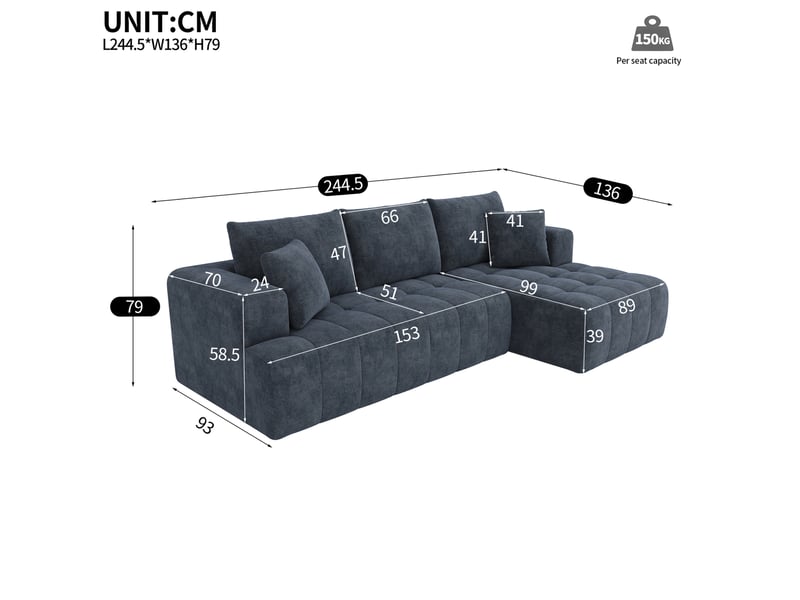 Canapé d'angle modulaire 244,5 x 136 x 79 cm – bleu – chenille, confort moelleux, design bas, 3 places - Conforama C