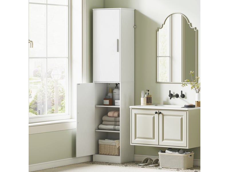  Meuble de salle de bain avec 2 placards et 6 étagères réglables, bois, 40 x 35 x 180 cm, blanc  - Conforama C
