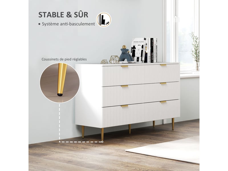 Commode 6 tiroirs commode chambre meuble de rangement moderne avec poignées et pieds dorés, blanc, 120 x 40 x 76,5 cm - Conforama R