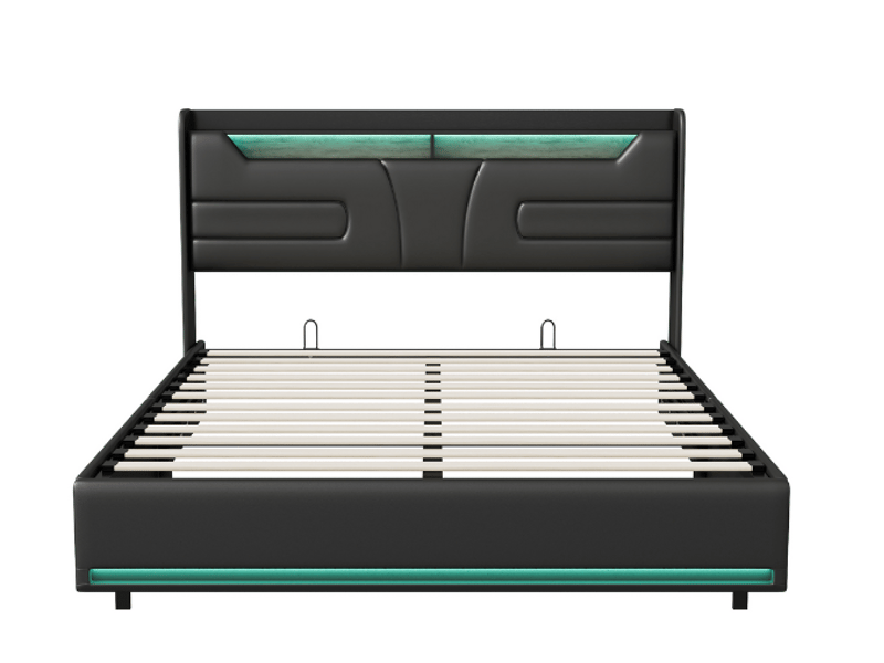  Lit double coffre - 140 x 200 cm-noir - en similicuir pu, avec tête de lit lumineuse, double éclairage led, ports de charge et vérins hydrauliques  - Conforama A