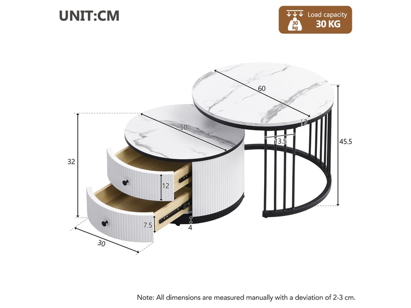  Ensemble tables basses 60x60x45,5+50x50x32cm, plateaux effet marbre(matériau non marbré), 2 tiroirs, mdf, blanc et noir  - Conforama C