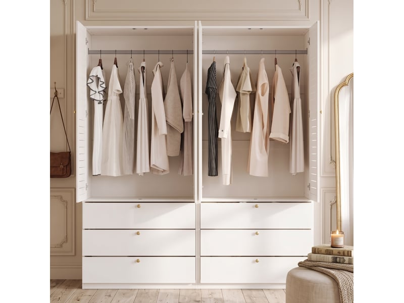  Armoire tcqpz 4 portes à lamelles 180 x 50 x 200 cm 6 tiroirs 2 tringles à vêtements blanche en panneaux de particules  - Conforama B