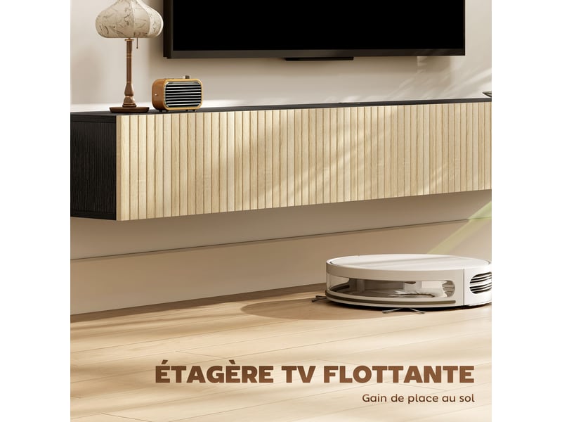  Meuble tv suspendu 2 portes rabattables bois naturel et noir 140 x 25 x 22 cm  - Conforama D