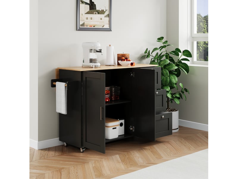 Desserte de cuisine 135x44(70)x90 cm noire et naturelle avec plateau rabattable - Conforama D