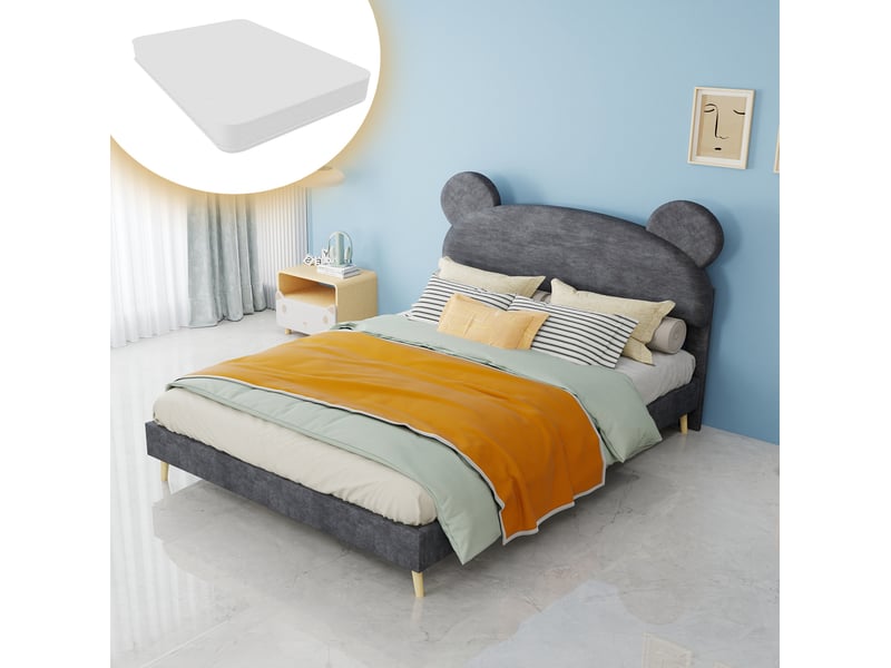  Lit enfant 140x200 cm avec matelas à ressorts ensachés 23 cm, tête de lit oreilles d’ours, tissu et métal gris  - Conforama D