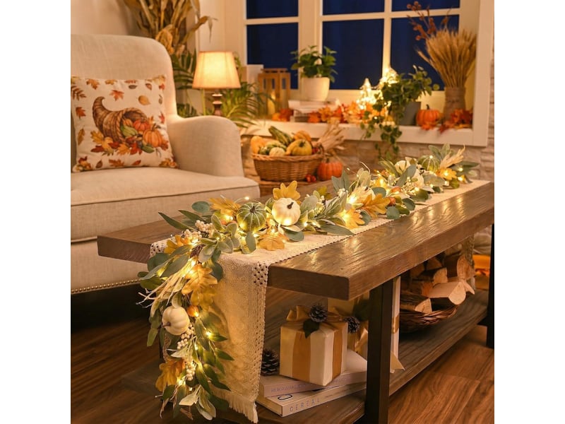  Guirlande d'automne 1,8m avec citrouilles – décorée de baies, pommes de pin et feuilles, pour thanksgiving et halloween  - Conforama E