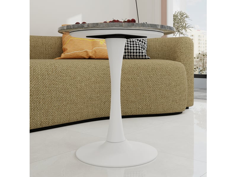  Table basse ronde 70x70x72cm style moderne du milieu du siècle, pieds hauts, marbre reconstitué, blanc et gris foncé  - Conforama E