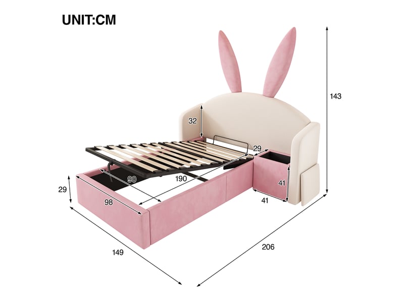  Lit simple 90x190 cm, lit enfant, rangement, table de chevet, motif lapin, velours beige, rose  - Conforama C