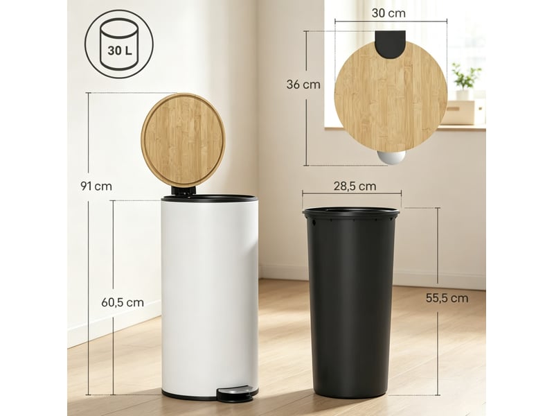  Poubelle de cuisine à pédale 30 l 36x30x60,5 cm avec bac intérieur amovible métal blanc  - Conforama C