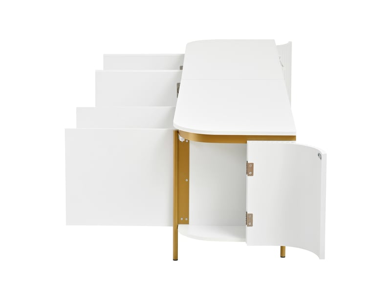  Meuble tv bas 180 x 38 x 46 cm, 6 portes, façades rainurées, extrémités arrondies, passe-câbles, pieds en métal, mdf, blanc  - Conforama D
