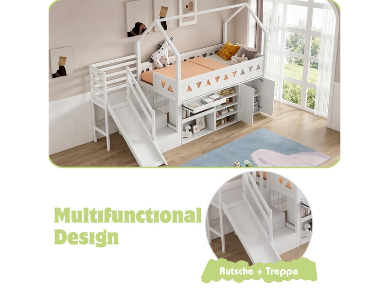 Lit enfant avec toboggan et escalier, lit simple 90x200 cm en bois massif, lit enfant avec armoire et tiroirs de rangement, blanc. - Conforama R