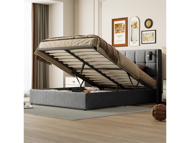  Lit double 140x190 cm avec lampes de lecture,cadre de lit 140x190 cm, lit coffre,lit adulte avec hydraulique,velours,gris  - Conforama D