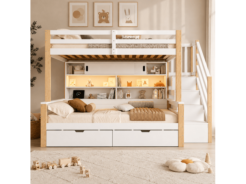 Lit superposé enfant 90x200 cm avec escalier de rangement, éclairage intégré, bois et mdf, blanc et bois naturel sans matelas - Conforama D