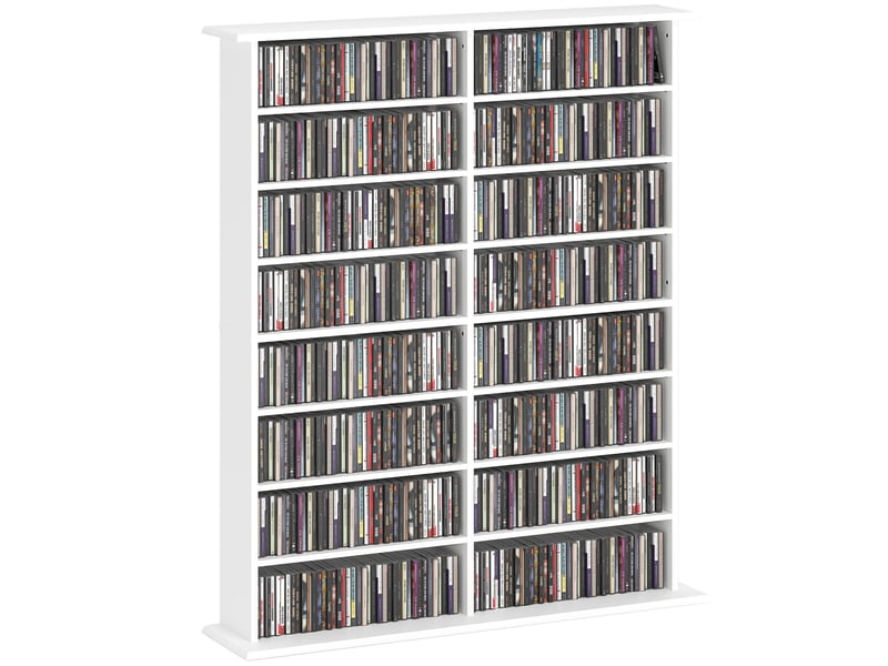  Rangements pour cd et dvd avec 16 compartiments et 12 étagères réglables, capacité max. 720 cd396 dvd et blu-ray, blanc  - Conforama A