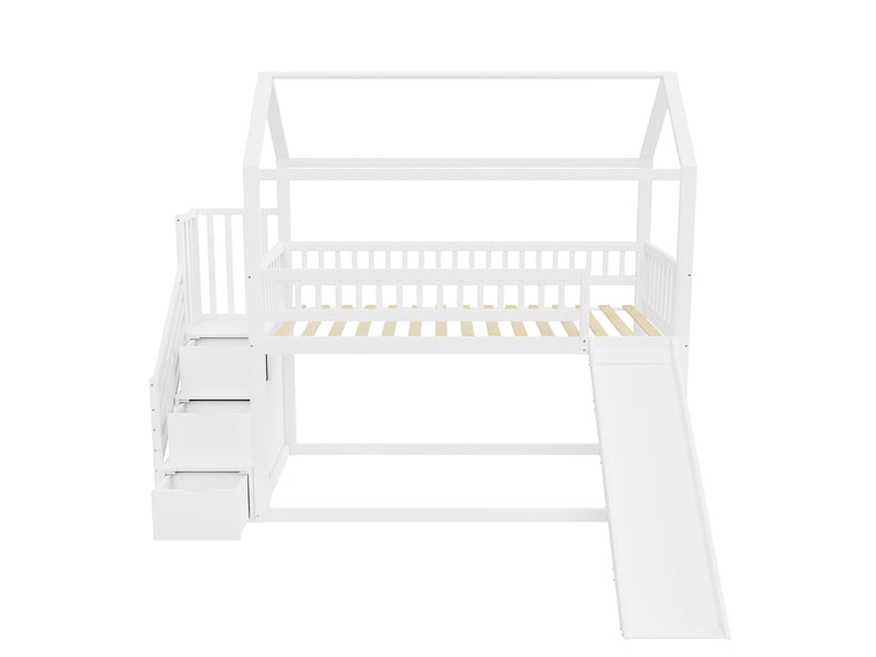  Lit mezzanine 90x200 cm, lit cabane avec toboggan et escalier de rangement, en bois, blanc, sans matelas  - Conforama E