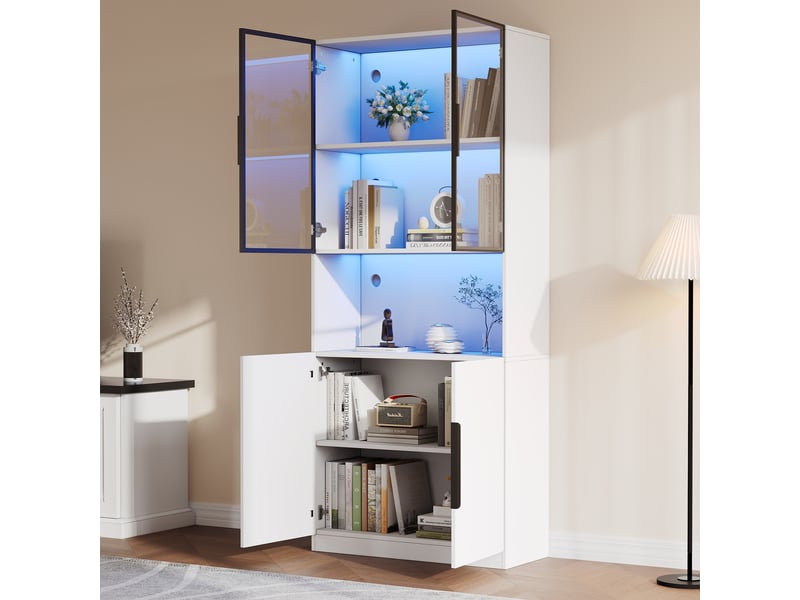  Vitrine haut 200 cm avec éclairage led réglable, portes vitrées, style minimaliste, 200 × 80 × 30 cm, blanc, pour exposer et organiser vos objets CARDUME ESTIVAL - Conforama B