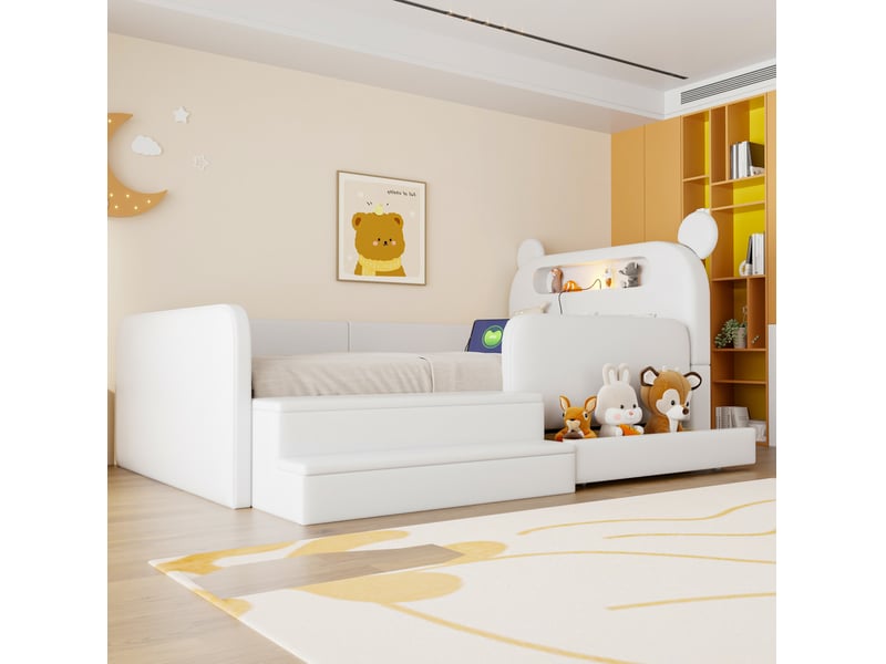  Lit enfant 90 × 200 cm avec tête de lit ours, rangements intégrés, tiroir, veilleuse, port de recharge, blanc  - Conforama D