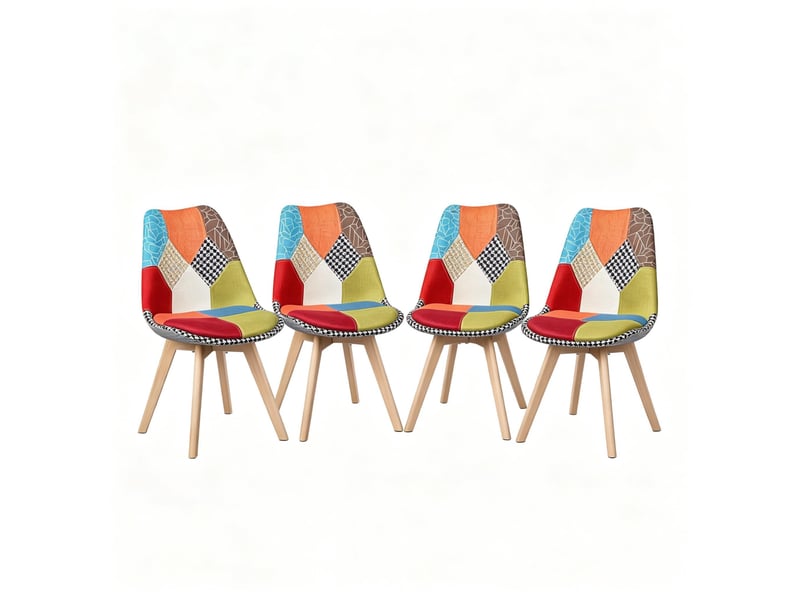 Chaises de salle à manger, lot de 4 rembourrées avec dossier ergonomique et pieds croisés, en lin et bois multicolore