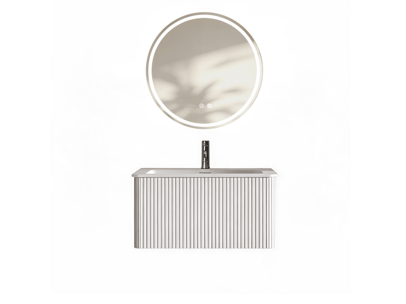  Ensemble meuble vasque suspendu 81 cm – blanc – miroir led rond 80 cm, tiroir et fonction anti-buée  - Conforama A