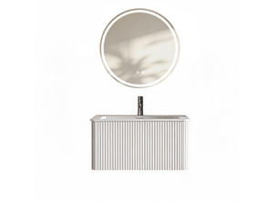 Ensemble meuble vasque suspendu 81 cm – blanc – miroir led rond 80 cm, tiroir et fonction anti-buée