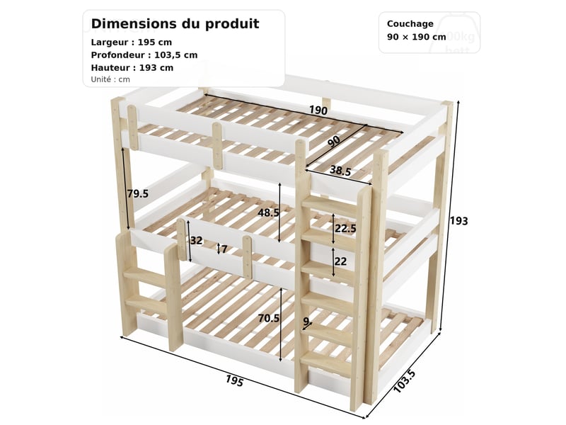 Lit superposé triple 90x190 cm blanc, 3 couchages en pin et mdf, avec échelle intégrée et garde-corps - Conforama C