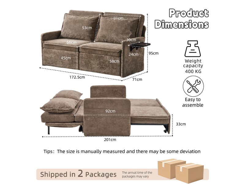  Canapé 3-en-1 avec fonction de sommeil - canapé lit avec coussins et chargeur usb, repose-dos à 5 positions réglables, canapé convertible avec rangement, chenille, marron  - Conforama C