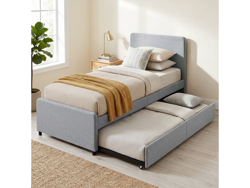  Lit gigogne 90x190 gris clair, cadre de lit simple double avec tête rembourrée  - Conforama C
